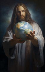 Naklejka premium Jesus cristo segurando globo terrestre, amor e fé na humanidade 