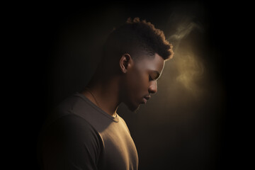 Handsome young African american man praying to god with his eyes closed - profile side angle - God's rays of light shining down - Ethnic diversity and religion concept - obrazy, fototapety, plakaty