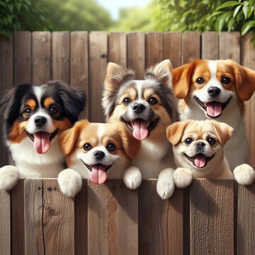 Four happy dogs peeking over a fence, surrounded by greenery, under the bright sunlight.