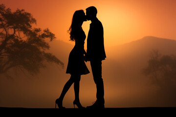 silhouette of a lucky kissing couple in the sunset - obrazy, fototapety, plakaty
