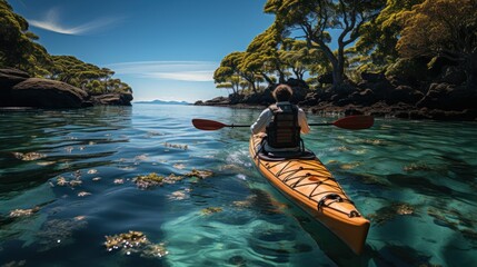 man paddling kayak on tropical island - obrazy, fototapety, plakaty