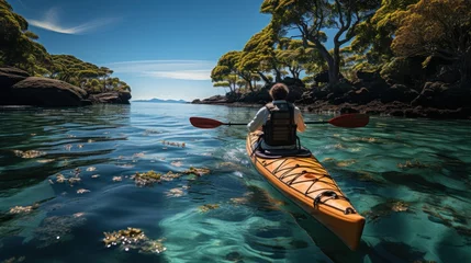 Foto op Canvas man paddling kayak on tropical island © pector
