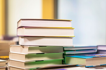 Pile of books on table. Education, school, reading concept