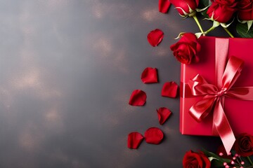 Gift box with beautiful red ribbon and roses, Valentine's day concept, copy space, top view.