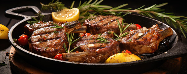 Roasted lamb chops or ribs on a wooden board