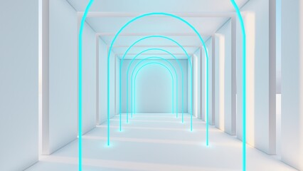Architecture interior background lamps glowing in arch tunnel 3d render