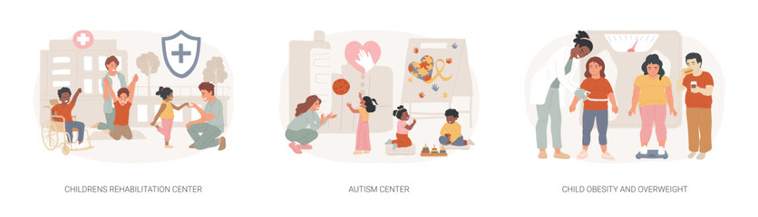 Children healthcare service isolated concept vector illustration set. Childrens rehabilitation center, autism center, child obesity and overweight, special needs pediatric help vector concept.