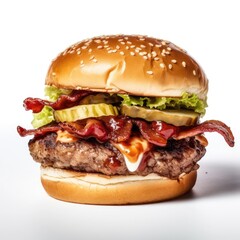 A delicious burger with bacon and salad on a white background.