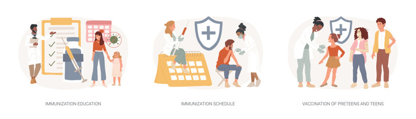 Public health program isolated concept vector illustration set. Immunization education and schedule, vaccination of teens, children vaccination calendar, infectious disease vector concept. - obrazy, fototapety, plakaty