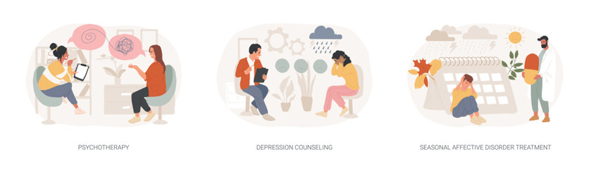 Mental health isolated concept vector illustration set. Psychotherapy, depression counseling, seasonal affective disorder treatment, behavioral cognitive therapy, private session vector concept.