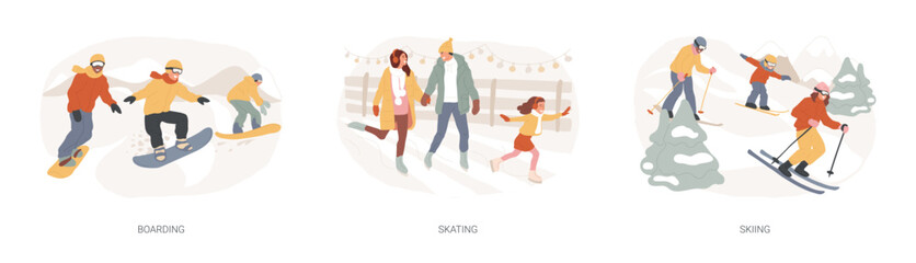 Fototapeta Winter sport isolated concept vector illustration set. Snowboarding, skating and skiing, mountain holiday, extreme sports, freestyle rider, ice rink, active lifestyle, family fun vector concept. obraz