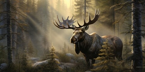majestic elk in the foggy forest with beautiful lighting from the sun's rays, banner, poster - obrazy, fototapety, plakaty