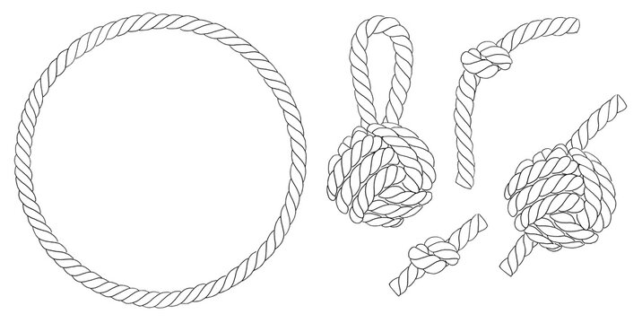 Set of knotted ropes cords monkey fist knot. Nautical thread whipcord with loops and noose. Rope cord Twisted Round frame, braided, folded, spiral fiber. Illustration hand drawn  graphic isolated.