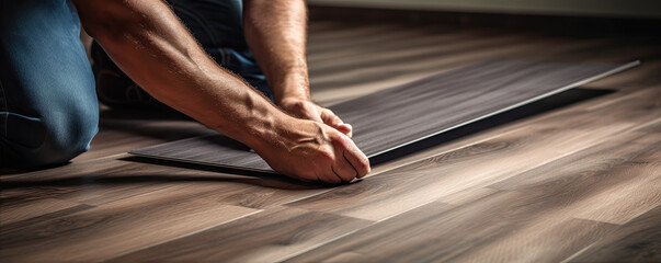 Worker installing laminate floor detail. House renovation with wooden designs - obrazy, fototapety, plakaty