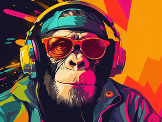 macaco minimalista em festa de música eletrônica em fundo colorido vibrante