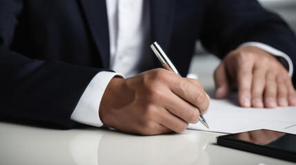 Businessman signing document in his office