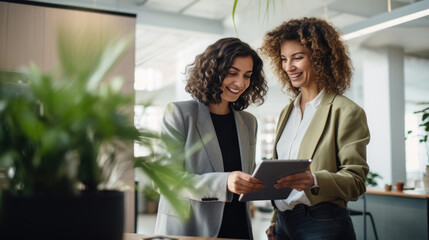 Two professional women smiling and looking at a tablet together in an office setting
