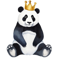 Watercolor drawing of cute panda bear wearing crown, transparent background