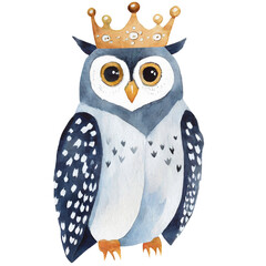 Watercolor drawing of cute owl wearing crown, transparent background