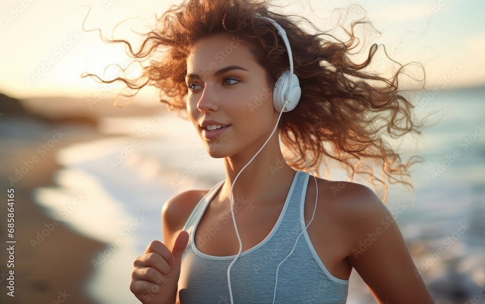 Poster Young beautiful woman jogging at the sea with headphones