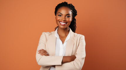 Confident businesswoman smiling at the camera, with her arms crossed, wearing a stylish peach blazer over a light blouse against an orange background.