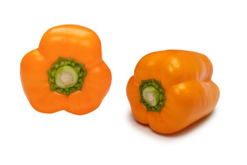 Orange bell pepper isolated on white background. Top view.  Copy space.