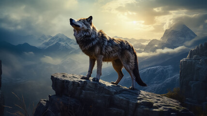 a wolf at the top of the mountains, in winter, meowing, animal power, generative AI - obrazy, fototapety, plakaty