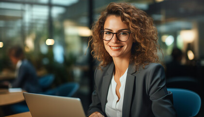 Portrait of beautiful successful business woman in office, smiling to camera, blur of office workers at the background.