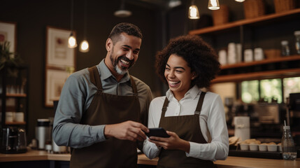 Fototapeta premium Cafe worker and manager smiling and engaging with each other while using a tablet