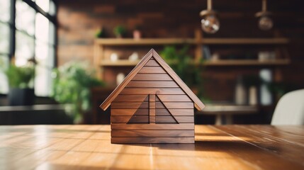 A wooden sign with a house icon is set against a wood table backdrop. - obrazy, fototapety, plakaty