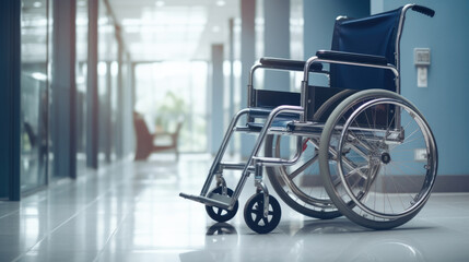 Fototapeta premium Empty wheelchair positioned in a brightly lit, clean hospital corridor, suggesting themes of healthcare and accessibility.