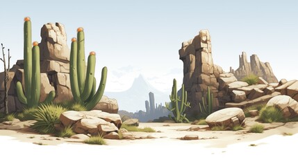 Cartoonish illustration of desert valley landscape, hot summer's day, canyon of eroded rock formations and Saguaro cactus plants with distant mountains and hills.