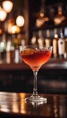 AI generated illustration of an alcoholic beverage in a glass, placed on a wooden table in a bar