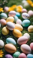Fototapeta na wymiar AI generated illustration of a vibrant array of multi-hued eggs and blooms