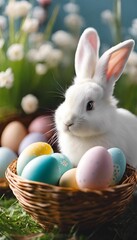 AI generated illustration of a white rabbit resting beside a colorful collection of decorated eggs