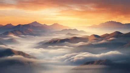 Tuinposter Top view of mountains landscape at sunset with fog, sunset, God Rays, drone view © bedaniel