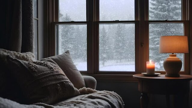Cozy room with candle and warm lighting lamp on the desk. Snowflakes and woods outside the window. Loop animation video. Zoom backgrounds. Rest and tranquil atmosphere.