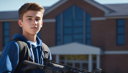 Portrait of a male teenager holding a rifle outside school. School shooting and mass shooting dramatic social issue - obrazy, fototapety, plakaty