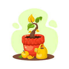 Tree in a flower pot, composition with watering can and apple. Bonsai. Simple vector illustration on the theme of house plants, harvest, gardening.