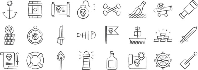 Pirate and robs hand drawn icons set, including icons such as Anchor, Beer, Barrel, Bottle, Bone, Cutlass, Galleon, Map, and more. pencil sketch vector icon collection