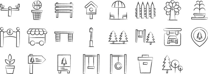 Park hand drawn icons set, including icons such as Balancer, Bench, Fence, Fountain, and more. pencil sketch vector icon collection