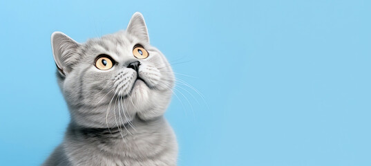 kitten looking up on blue background, AI generated