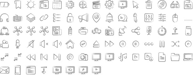 Fototapeta na wymiar Ui hand drawn icons set, including icons such as Analytics, Bag, Basket, Content, Eye, Music, Record, Play, Pause, Stop, Voice, View, Volume, and more. pencil sketch vector icon collection