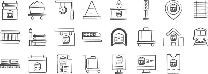 Railway hand drawn icons set, including icons such as Board, Cargo, Calendar, Clock, Construction,, and more. pencil sketch vector icon collection