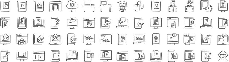 Online education learning hand drawn icons set, including icons such as Audio Book, Book, Cloud Book, Desk,, and more. pencil sketch vector icon collection