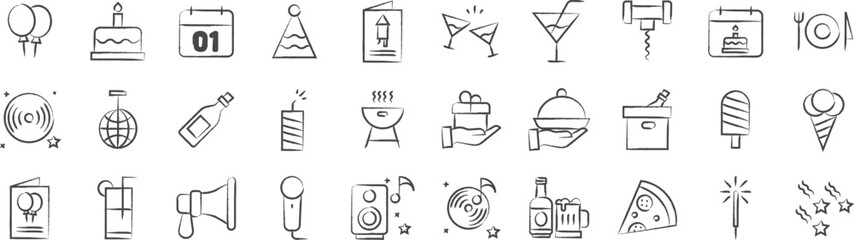 Party celebration hand drawn icons set, including icons such as Balloon, Cake, Calendar, Cap, Cocktail, Celebration, Dinner, Drink,, and more. pencil sketch vector icon collection