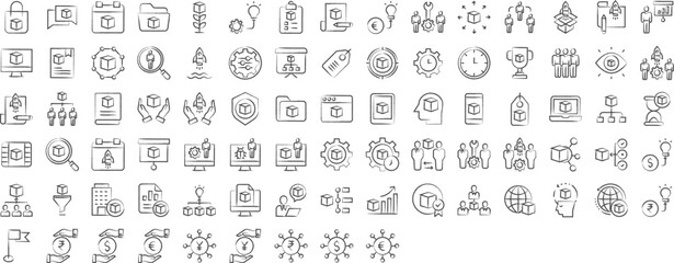 Fototapeta na wymiar Business and marketing management hand drawn icons set, including icons such as Distribution, Comment, Flag, Flow, Computer, Growth, , and more. pencil sketch vector icon collection