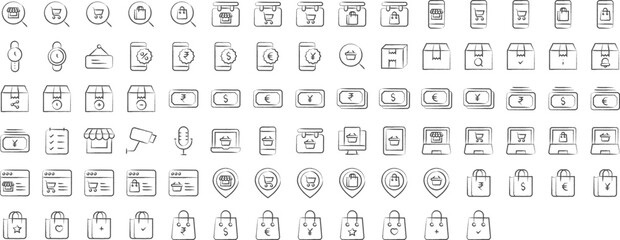 Online shopping hand drawn icons set, including icons such as Bag, Cash, Dollar, Euro, Pound, Rupees, Yen, Computer, , and more. pencil sketch vector icon collection