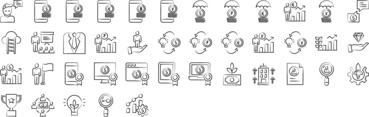 Savings and investment hand drawn icons set, including icons such as Advisor, Cloud, Investor, Investment, Leader,, and more. pencil sketch vector icon collection