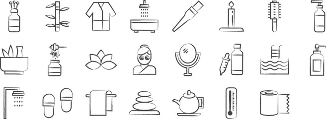 Spa hand drawn icons set, including icons such as Aroma, Bathrobe, Bamboo, Candles, Bathtub, , and more. pencil sketch vector icon collection